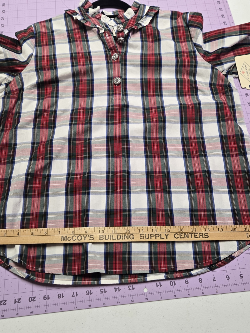 St. John’s Bay Plaid Ruffle Blouse Women’s Large 100% Cotton NWT Jeweled Buttons - Picture 7 of 13